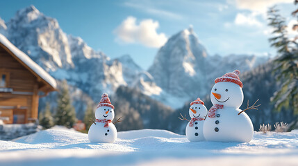 Fototapeta premium Snowmen in snowy mountain landscape create cheerful winter scene