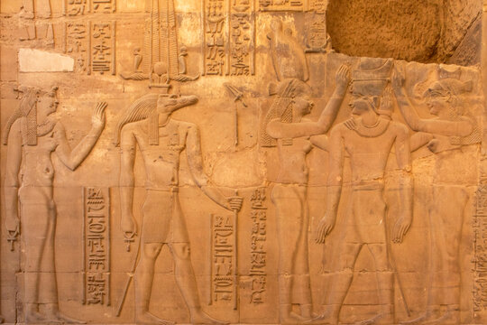 Kom Ombo, Egypt; January 17, 2024: The hieroglyphs that adorn the walls of the temple of Kom Ombo. These ancient writings narrate the stories of Sobek and other deities.