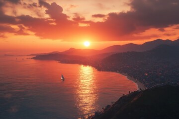 Naklejka premium Sunset Over Coastal Landscape with Sailing Boat