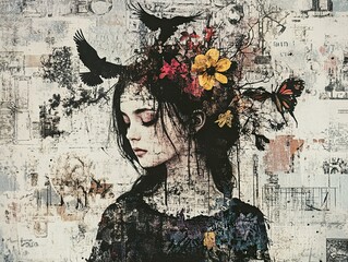 Collage Portrait of a Woman with Flowers and Birds