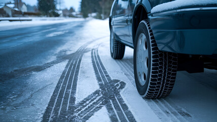 Car tire on snow, winter asphalt, Winter tire