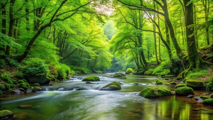 Obraz premium Silhouette of rich forest streams and lush green leaves in the forest