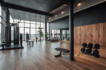 Modern gym interior with wooden floor and gymnastic equipment for exercising
