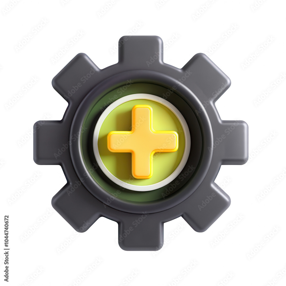 Poster this image features a vibrant, isolated 3d gear icon with a yellow plus symbol in its center, render