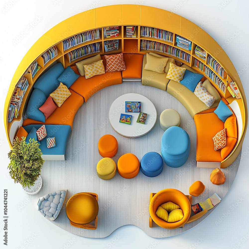 Poster colorful children's library featuring bold furniture interactive learning sections and private readi