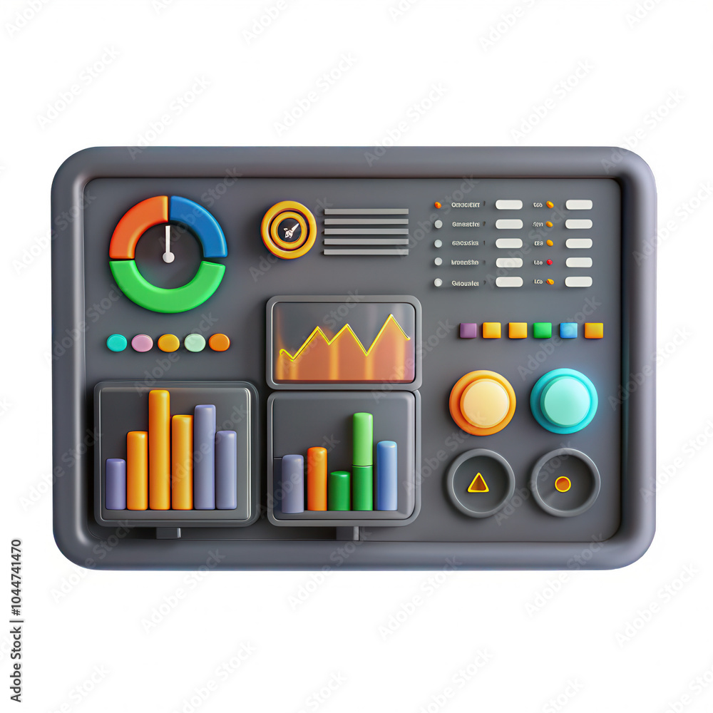 Poster a vibrant, 3d-rendered data dashboard showcasing colorful graphs and interactive buttons, perfect fo