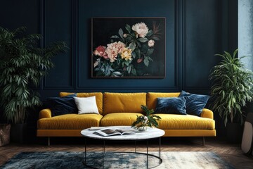 Modern Living Room with Yellow Velvet Sofa, Blue Walls, and Large Floral Painting