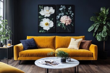 Modern Living Room with Yellow Velvet Sofa, Blue Walls, and Large Floral Painting