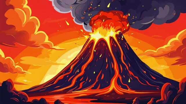 Cartoon A volcano spewing bright red lava