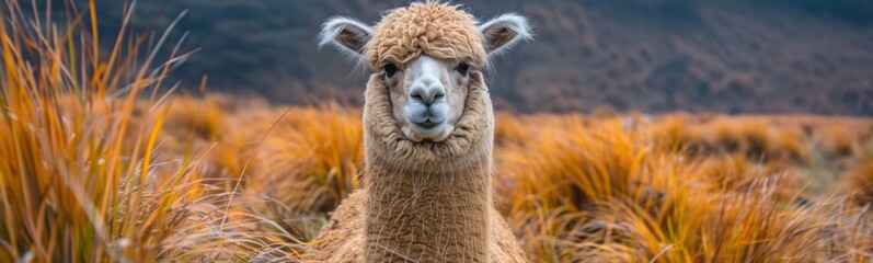 Obraz premium Llama that is standing in the tall grass, animal background, banner, copy space