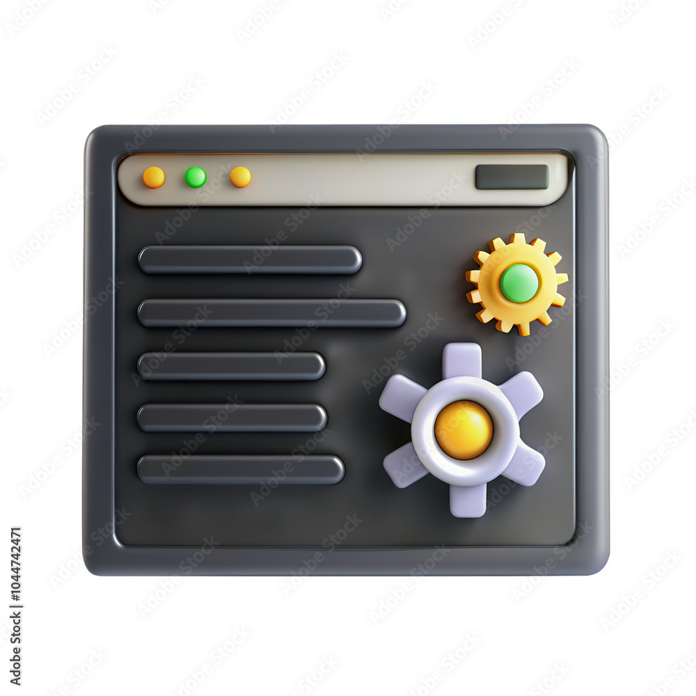 Poster a colorful 3d render of a control panel featuring gears and buttons, designed to mimic a stylish gad