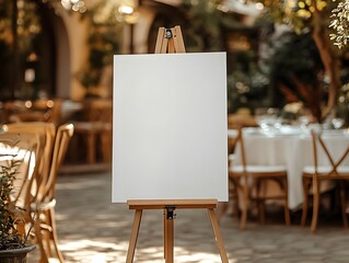 Blank Canvas Wedding Signage: An elegant, rustic easel with a blank canvas sign in front of a beautifully set wedding reception, ready for your personalized message. 