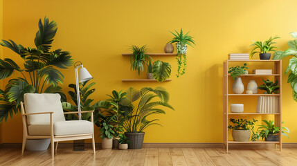 Wooden book shelf in front of yellow wall, wooden floor, houseplant. Minimalistic interior design