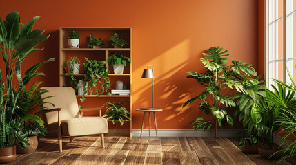 Wooden book shelf in front of orange wall, wooden floor, houseplant. Minimalistic interior design