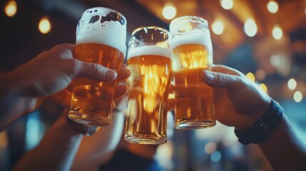 food and beverages At a pub or bar, male buddies are having a good time clinking glasses and sipping beer.
