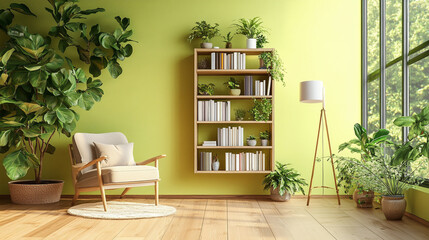 Fototapeta premium Wooden book shelf in front of light lime wall, wooden floor, houseplant. Minimalistic interior design