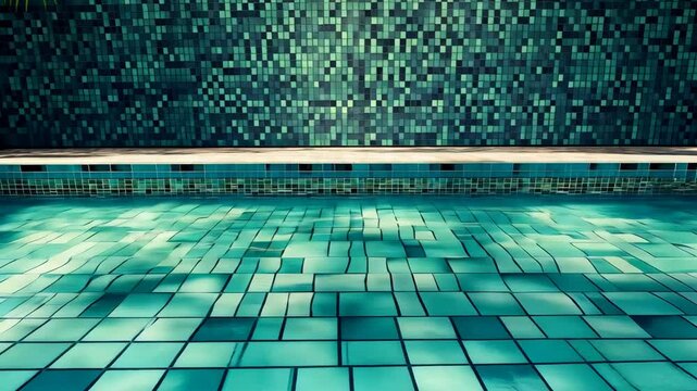 A swimming pool with a turquoise tiled bottom and a blue tiled wall