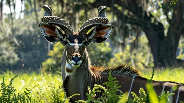 A majestic kudu resting in lush greenery during a sunny afternoon