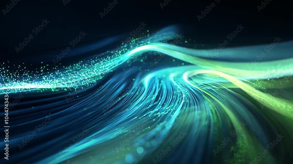 Poster abstract blue and green light waves moving gracefully through a dark background, creating a sense of