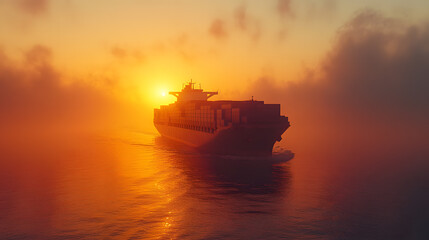 Obraz premium A highly detailed photography capturing a colossal container ship gliding across calm ocean waters under a golden sunrise, with neatly stacked containers reflecting the morning glow