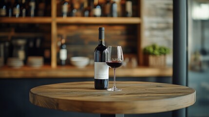 Obraz premium Photography of interiors. In the restaurant hall, a glass and a bottle of wine are placed on a wooden table. 