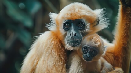 Fototapeta premium Close up of a yellow-cheeked siamang monkey with its baby in the forest.