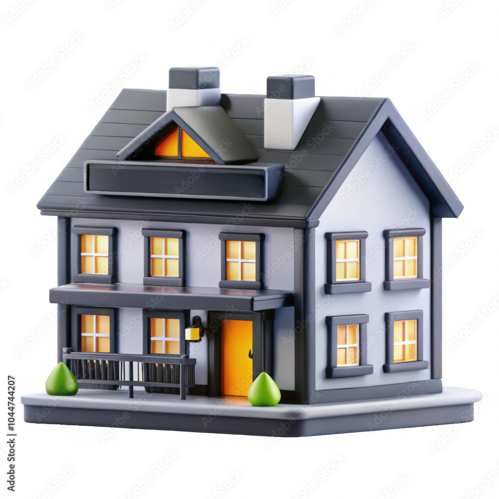Poster a stylized gray and yellow model of a house featuring windows and a door, suitable for architecture 
