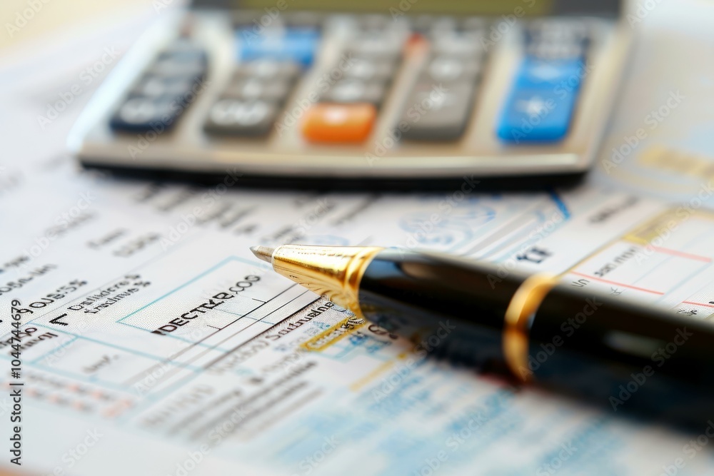 Poster close up view of an elegant pen lying on an invoice with a calculator in the background suggesting a