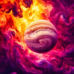 Obraz premium Vibrant Planet Surrounded by Fiery Nebula in Deep Space
