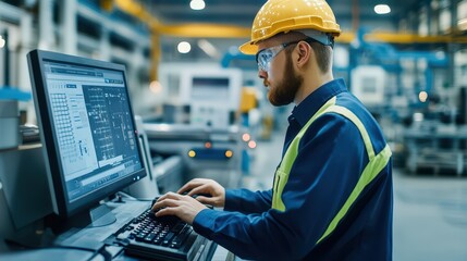 Engineer working on a computer in a manufacturing facility, wearing safety gear and focused on the screen's data analysis.
