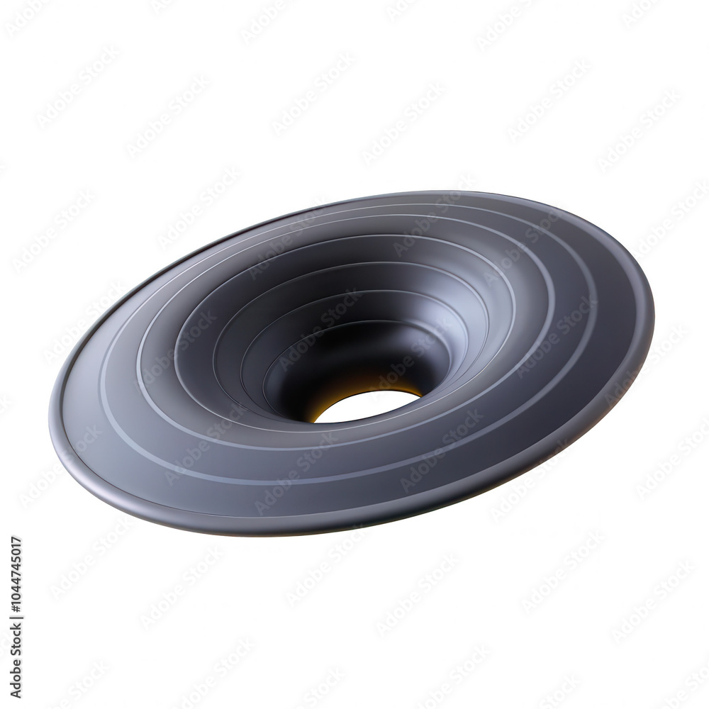 Poster a 3d rendering of a black circular object with concentric rings, appearing to be a bowl or funnel sh