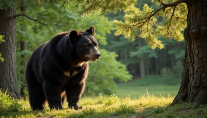 Naklejka premium Black Bear Walking in Sunlit Forest