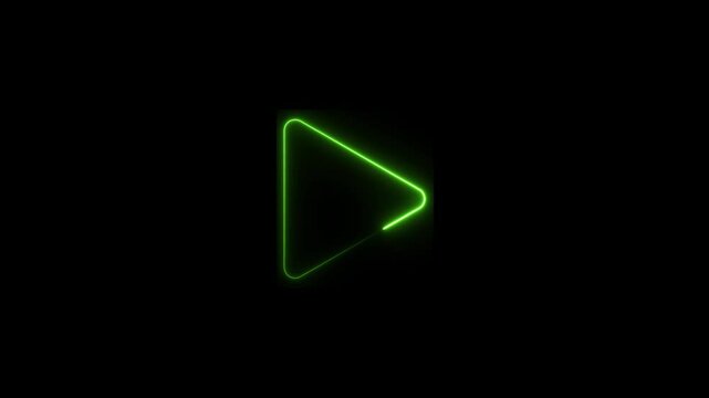 Green neon line animation Play icon. Black overlay background.