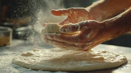 Fototapeta premium Close-up of hands tossing and stretching pizza dough in the air, ready for shaping.