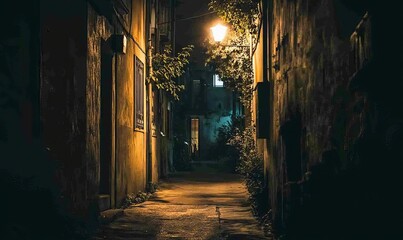 Dark alleyway illuminated by a single lamp.