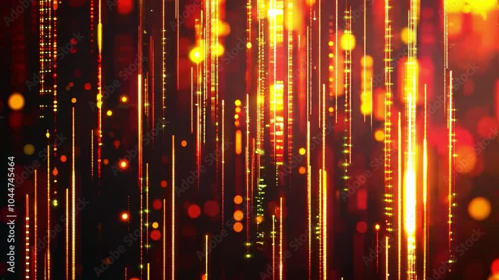 Poster vibrant patterns of red and gold light cascading in a mesmerizing digital art display at night