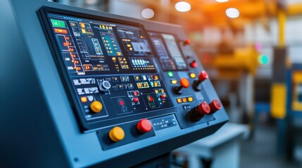 Interactive control panel showcasing buttons and displays in an industrial setting, highlighting advanced technology and automation.