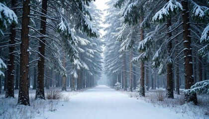 Snowy pathway through a tranquil pine forest in winter