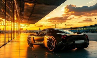 Obraz premium Black sports car at sunset airport terminal.