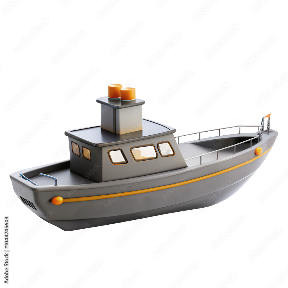 Poster this is a stylized gray tugboat model with an orange trim and smokestacks. it showcases a modern des