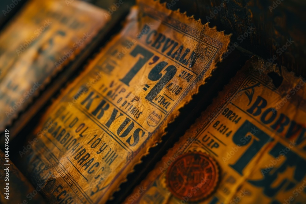 Poster close up of old paper tickets with torn edges showing their age with a warm color