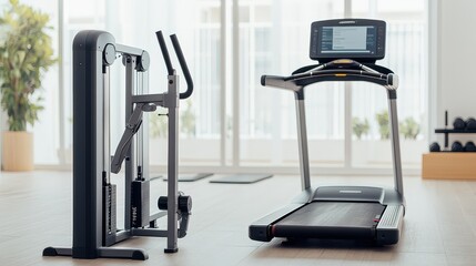 Obraz premium Modern gym equipment including a treadmill and strength machine in a bright fitness space, ideal for workout motivation.