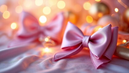 Pink satin bows with bokeh lights on soft fabric background