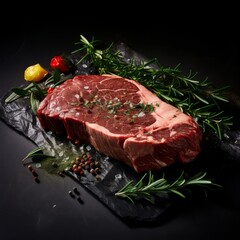Raw Beef Steak with Rosemary, Salt, and Peppercorns