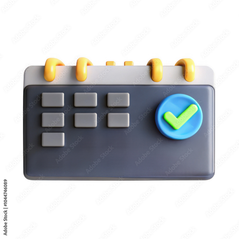 Poster a vibrant 3d calendar icon featuring checkmark and buttons, rendered in a modern style. perfect for 