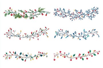 Colorful hand-drawn Christmas garlands with berries and leaves, perfect for festive decorations