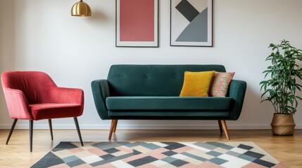 Stylish living room with green sofa, red chair, artistic wall art, and modern decor creating a cozy atmosphere.