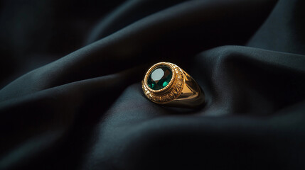 Gold Ring with an Emerald Gemstone Highlighted Against a Black Satin Cloth