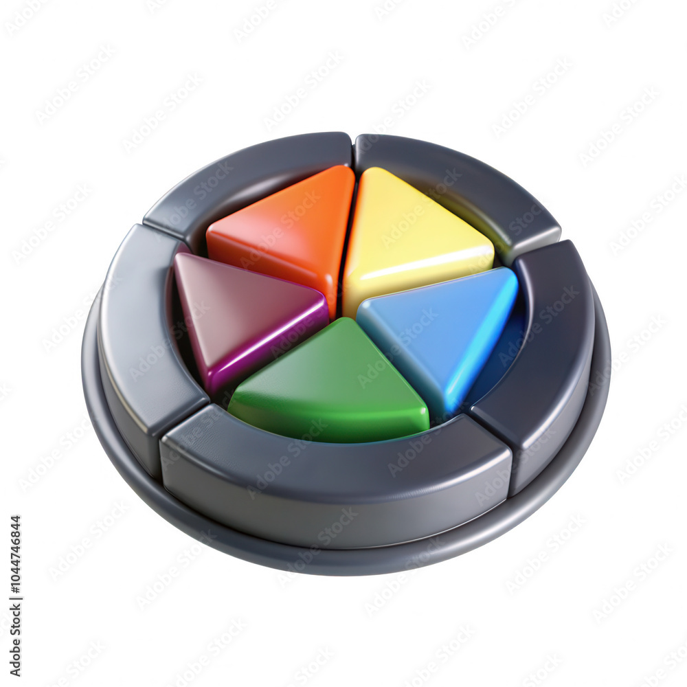 Poster a vibrant, isolated image of a circular game piece with colorful triangular sections, displayed in a