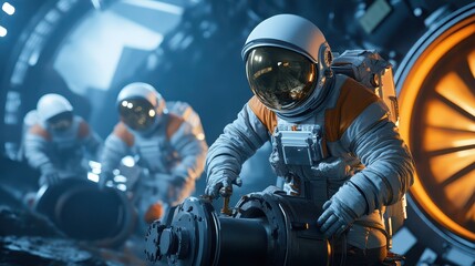 Three astronauts conduct a detailed operation inside a futuristic spaceship, showcasing advanced space exploration technology.